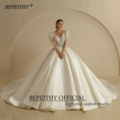 BEPEITHY V Neck Luxury Ball Gown Wedding Dresses For Women 2022 Chapel Train Open Back Sexy Long Sleeves Princess Bridal Dress