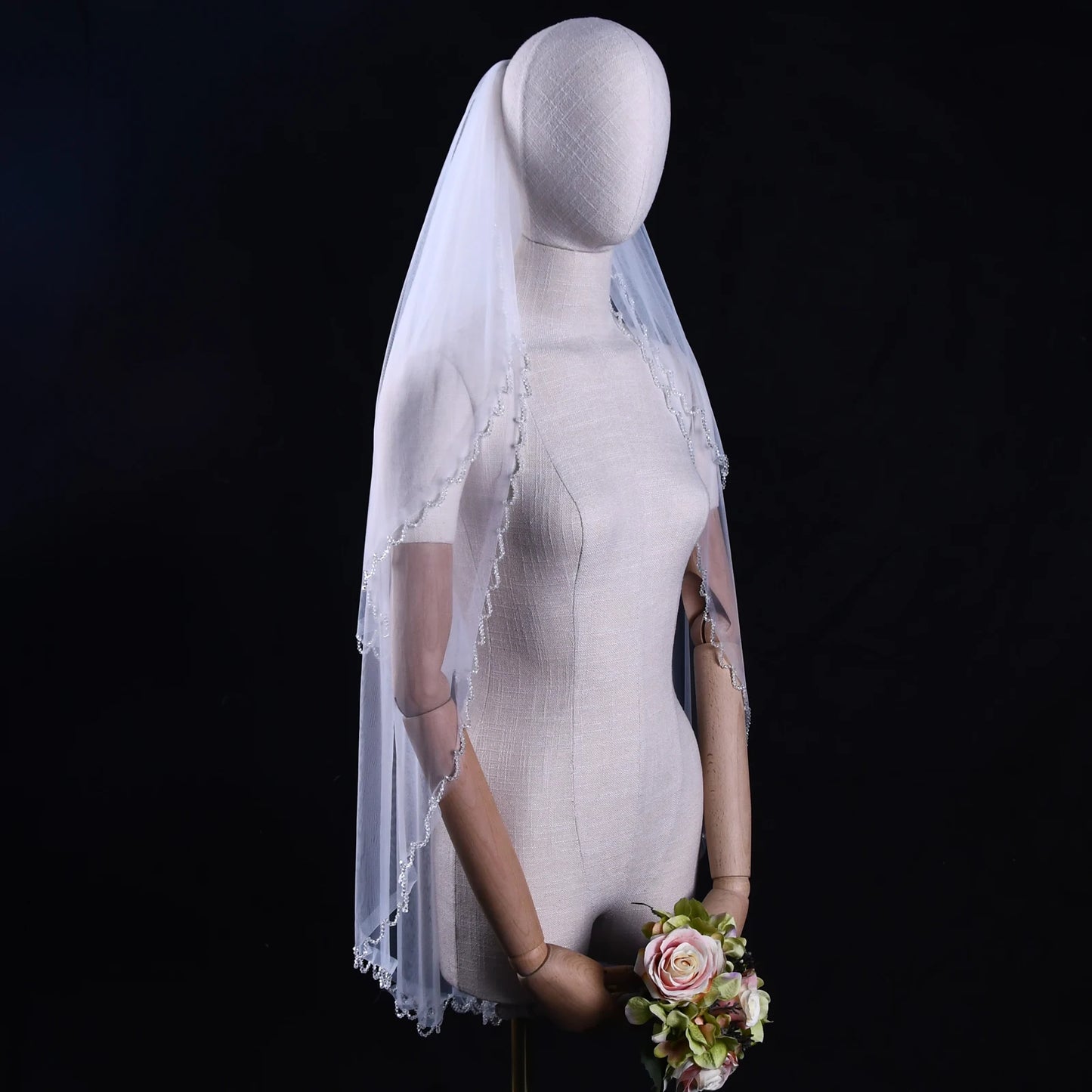 Elegant 2 Tier Wedding Veil with Crystal Edge Bridal Veils Cover Front and Back of Wedding Dresses Soft Tulle Accessory v198