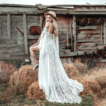 Robe de mariée en dentelle à col licou bohème, manches longues évasées détachables, fente latérale, été 2024, longueur au sol, traîne, épaule, robe de mariée de plage