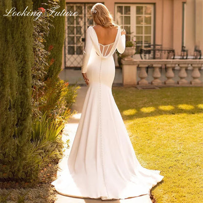 Elegante vestido de novia de sirena, satén, espalda descubierta, cuello redondo, vestido de novia sencillo blanco, mangas largas, vestido de novia 2024, cola larga