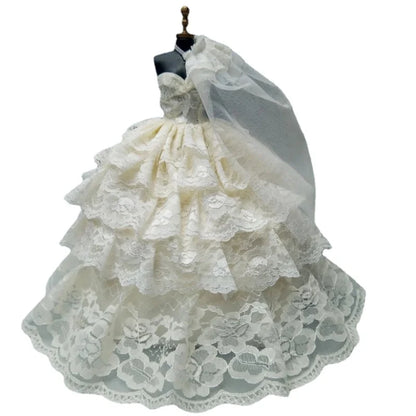 Livraison gratuite 1 pièce 4 couches robe de mariée en dentelle rose complète pour robe de mariée de poupée Barbie