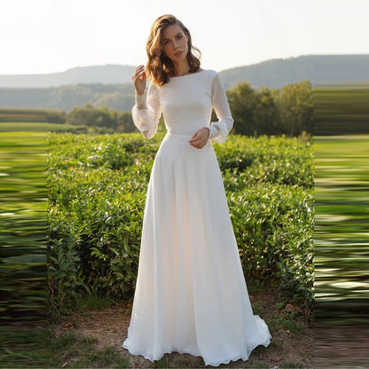 Robes de mariée françaises col rond ligne A manches longues robe de mariée élégante appliques en dentelle robe de mariée grande taille