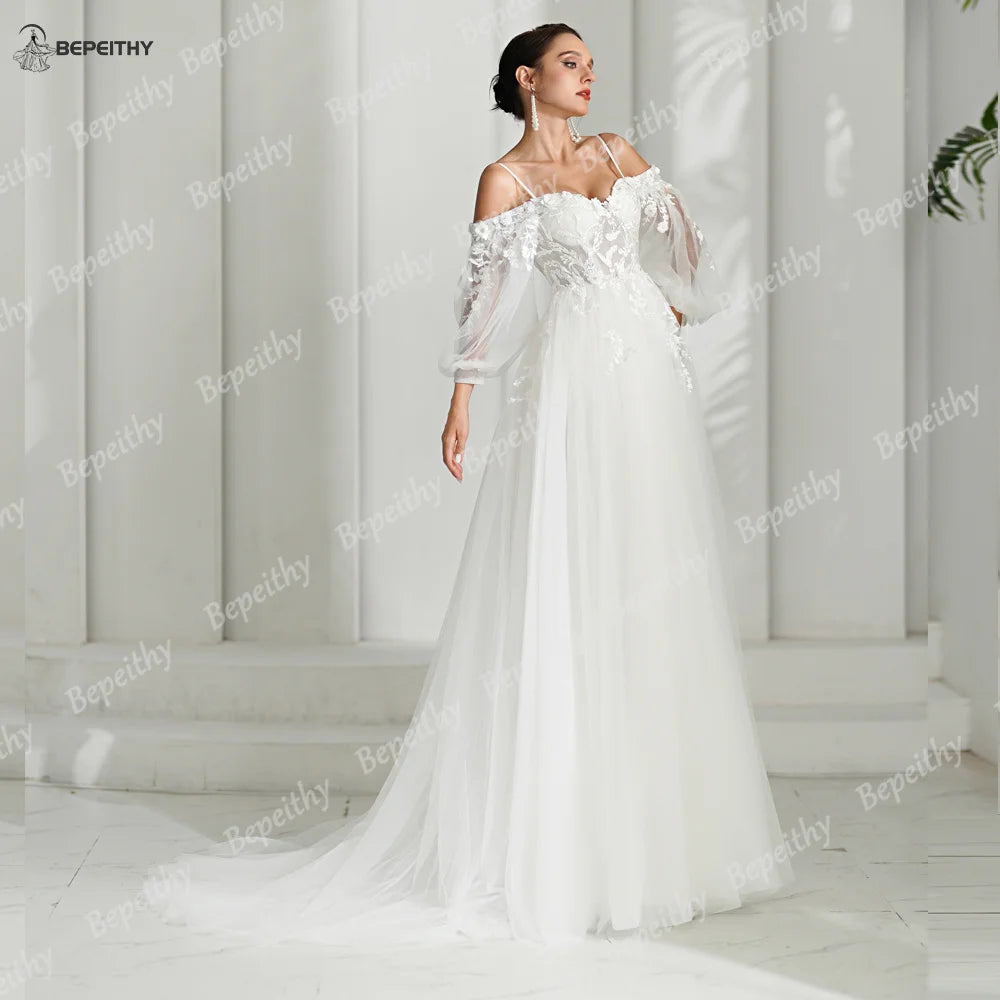 BEPEITHY Sweetheart A Line Ivory Wedding Dresses 2024 Spring Women Long Sleeves Beach Bride Boho Bridal Gown With 3D Flowers