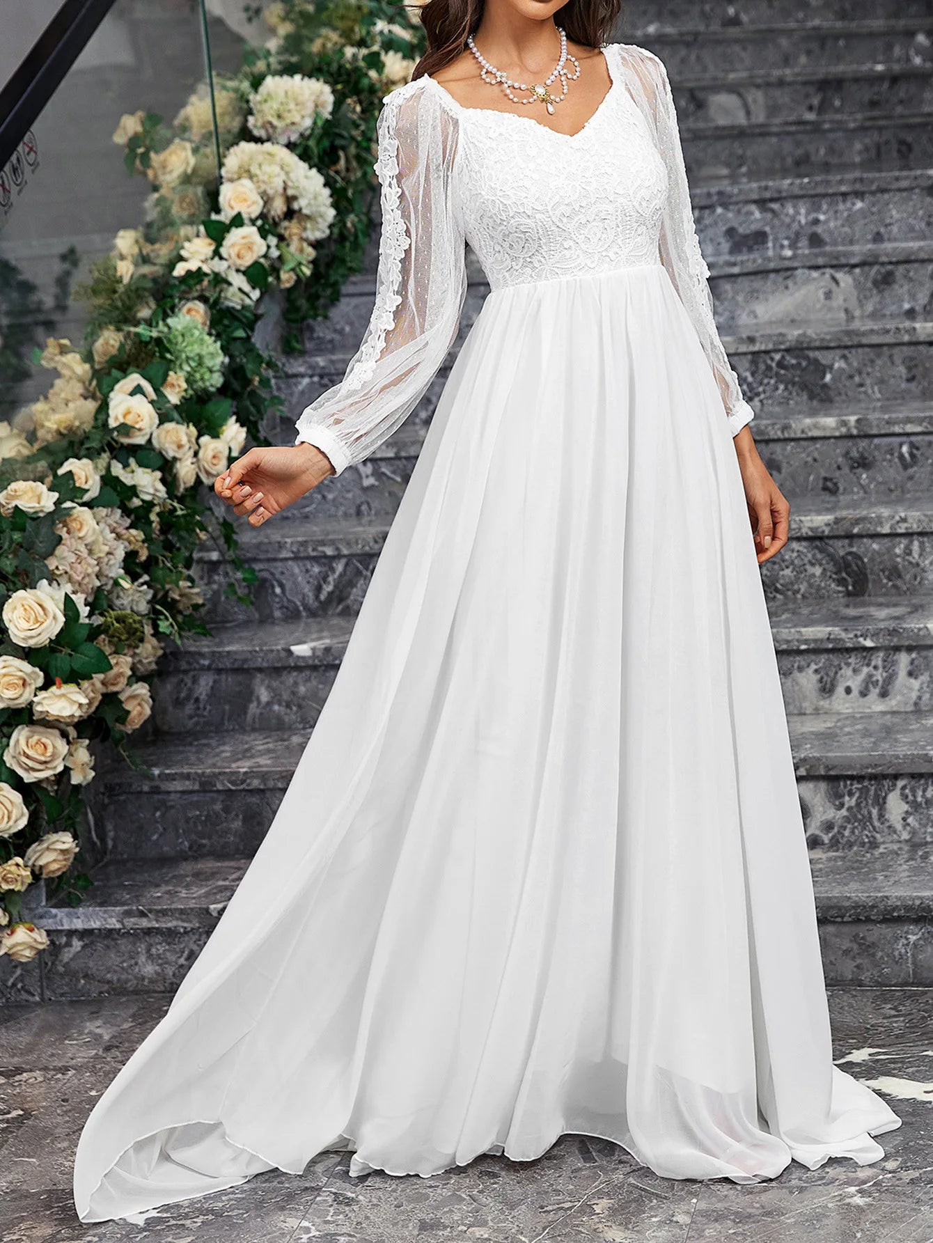 Women'S Wedding Dresses Boho Long Sleeves Romantic White V-Neck Long Sleeve Lace Tulle Dress Pleats Backless Beach Bridal Gowns