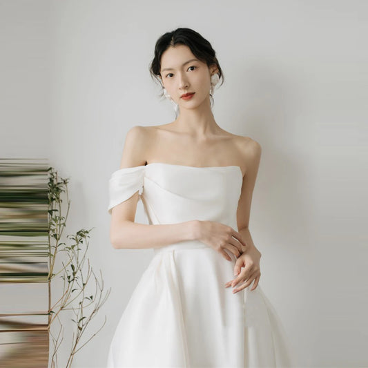 A-line Satin Wedding Dress strapless one-shoulder Short-Sleeve Plus Size For Women Princess Robe de Mariee