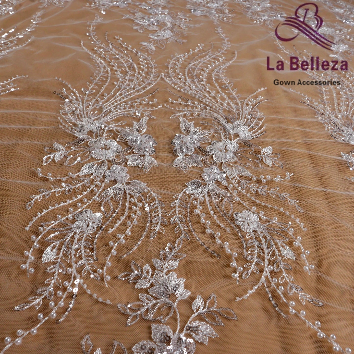 Tissu brodé en perles de riz blanc ivoire, 1 mètre, pour robe de mariée, imitation de fleurs et feuilles