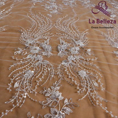 Nuevo vestido de novia de tela bordada con cuentas de arroz blanco marfil, hojas de flores y lentejuelas, imitación de perla, 1 yarda