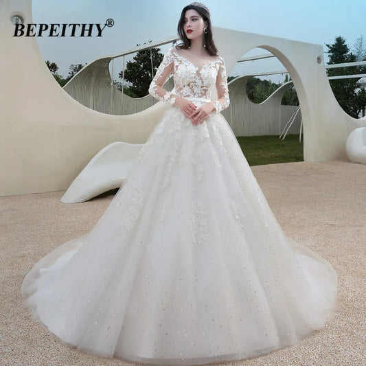 BEPEITHY A-Line Wedding Dresses For Women Full Sleeves Princess Stars Tulle Glitter Bridal Gowns Custom-made Bride Party Dress