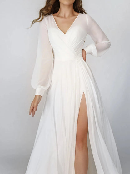 Robe de mariée simple à manches moelleuses pour femmes, longue robe de mariée trapèze fendue, robe de mariée de plage, traîne à balayage, robe en mousseline de soie