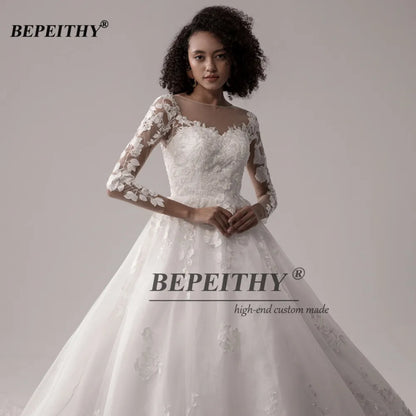 BEPEITHY Vintage Lace Wedding Dresses For Women 2023 Full Sleeves Princess Bridal Gowns Elegant Court Train Scoop Bride Dress