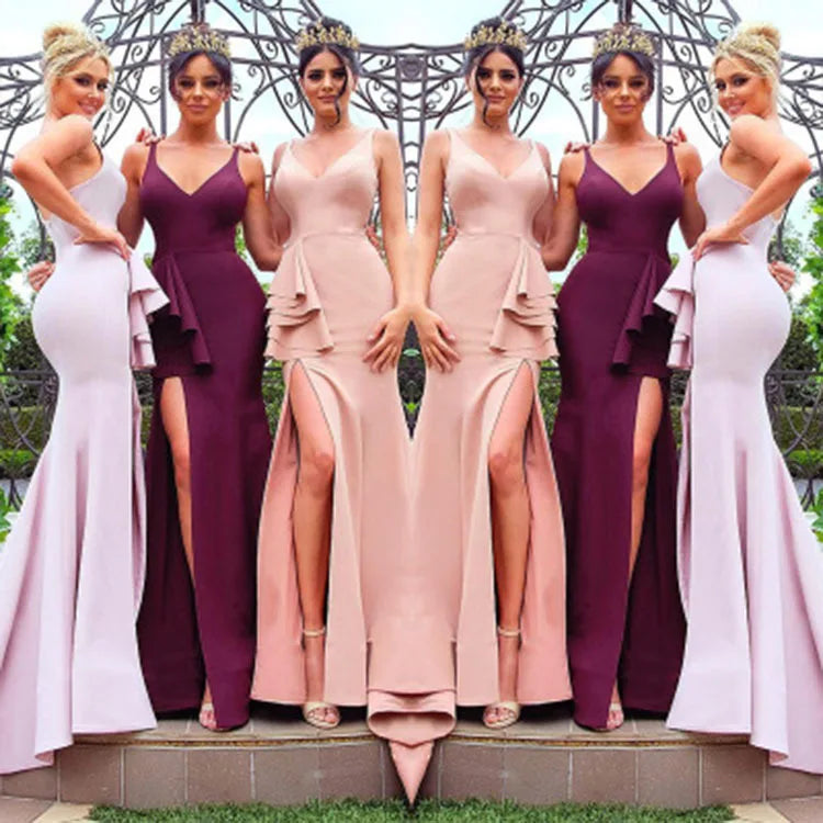 bridesmaid dresses new v-neck sleeveless shoulder straps irregular side slit mermaid silk satin wedding bridesmaid dress 2024