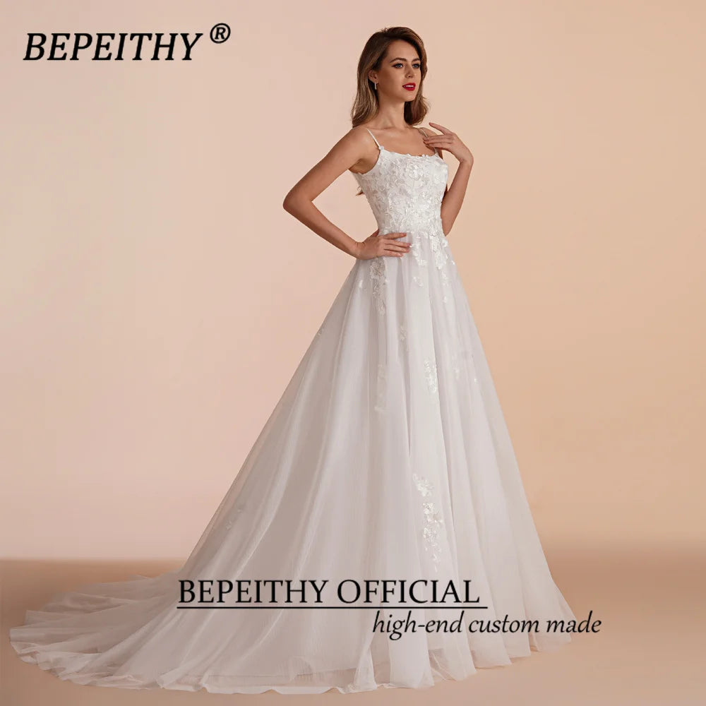 BEPEITHY Vestidos de novia de corte A color marfil 2023 para mujer Vestido de novia sin mangas con cola larga Boho Robe De Mariée Vestido de novia blanco