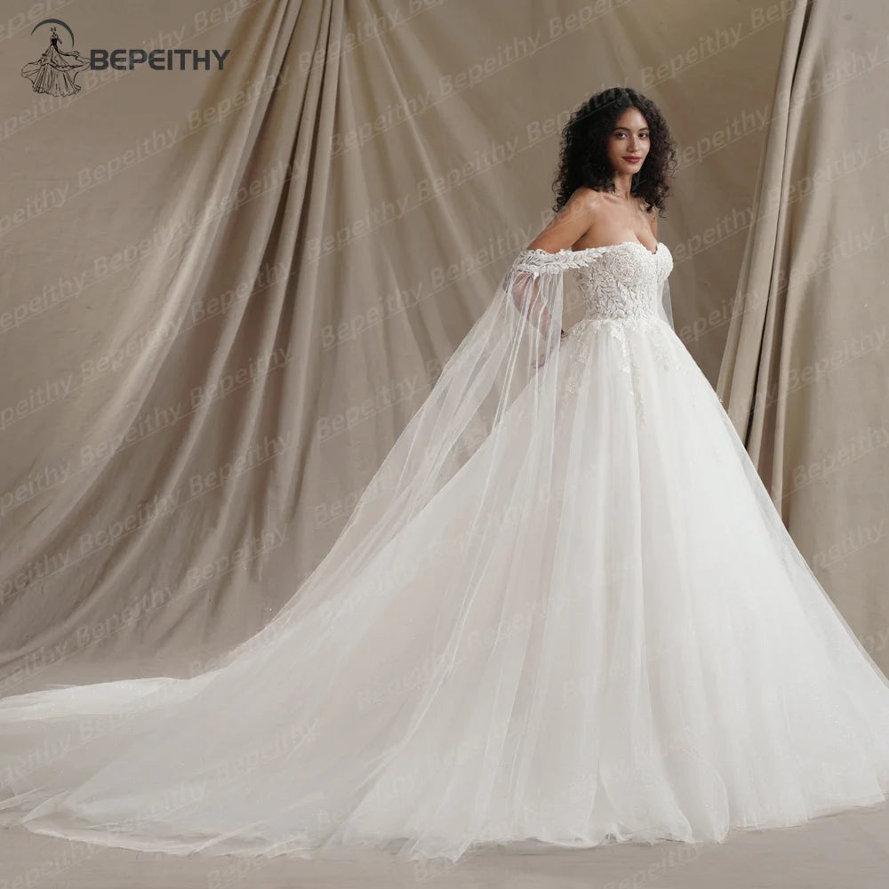 BEPEITHY Sweetheart Glitter Princess Wedding Dresses For Women With Flown Summer Court Train Bride Ivory Bridal Ball Gown 2024