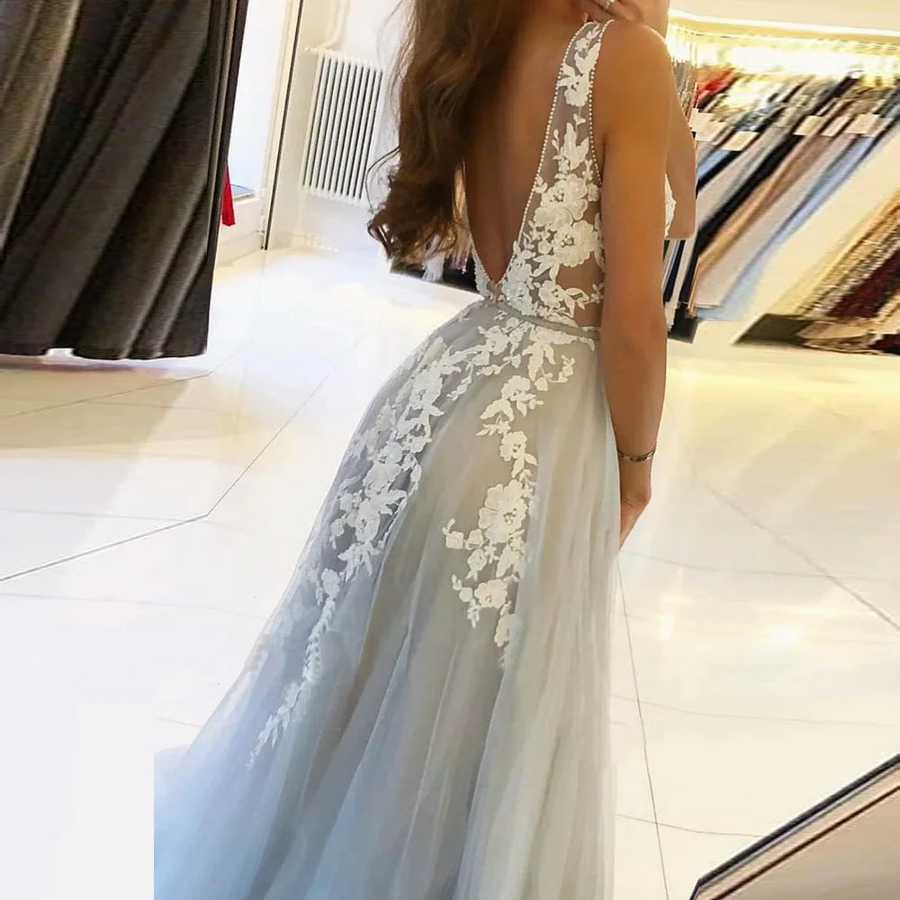 BEPEITHY V Neck Long Prom Dresses 2023 For Women Sexy Gray Summer Backless White Lace Dubai Evening Party  Gown Sleeveless