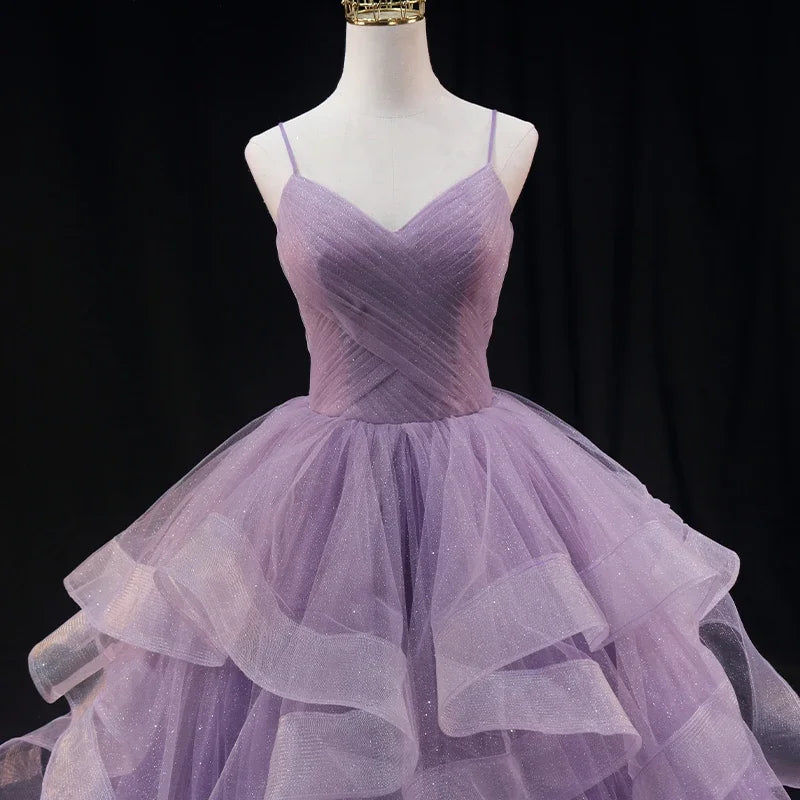 Evening Dresses Purple Bling Tulle Pleat Strapless Sleeveless Ball Gowns Floor Length Plus size Lace up Women Party Dress B2155