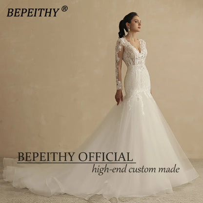 BEPEITHY Vintage V Neck Trumpet Wedding Dresses For Women 2022 Full Sleeves Court Train Lace Ivory White Boho Bride Bridal Gown