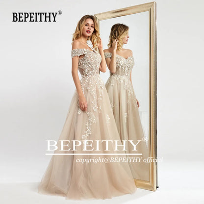 BEPEITHY Off The Shoulder Lace Evening Dresses Long For Women 2023 Champange A-Line Sleeveles Prom Gown Reception Elegant