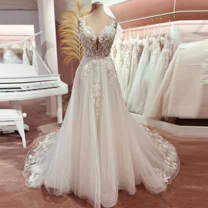 BEPEITHY Champagne Backless A Line Boho Bride Wedding Dresses Spaghetti Straps Sleeveless Summer Pleats Lace Bridal Gown 2023