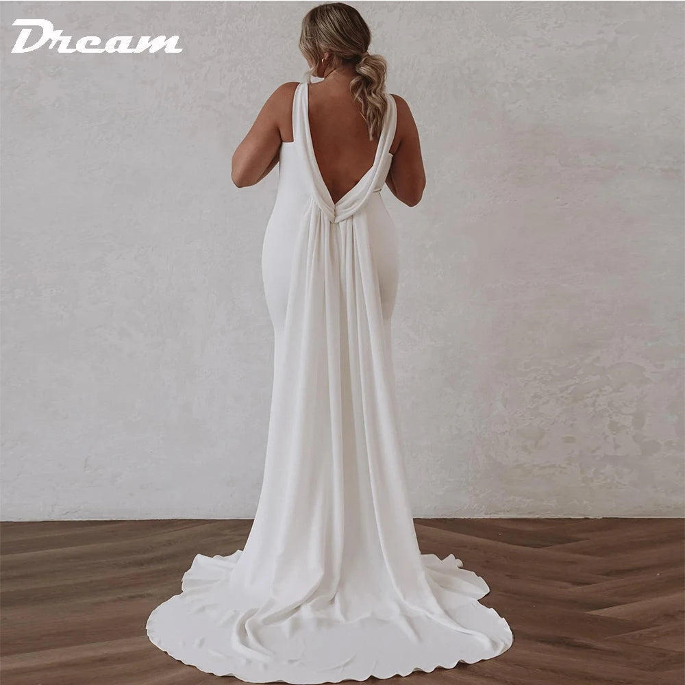 DREAM Deep V Neck Crepe Detachable Train Mermaid Wedding Dress 2024 Plain Sleeveless Open Back Simple Bridal Gowns Elegant