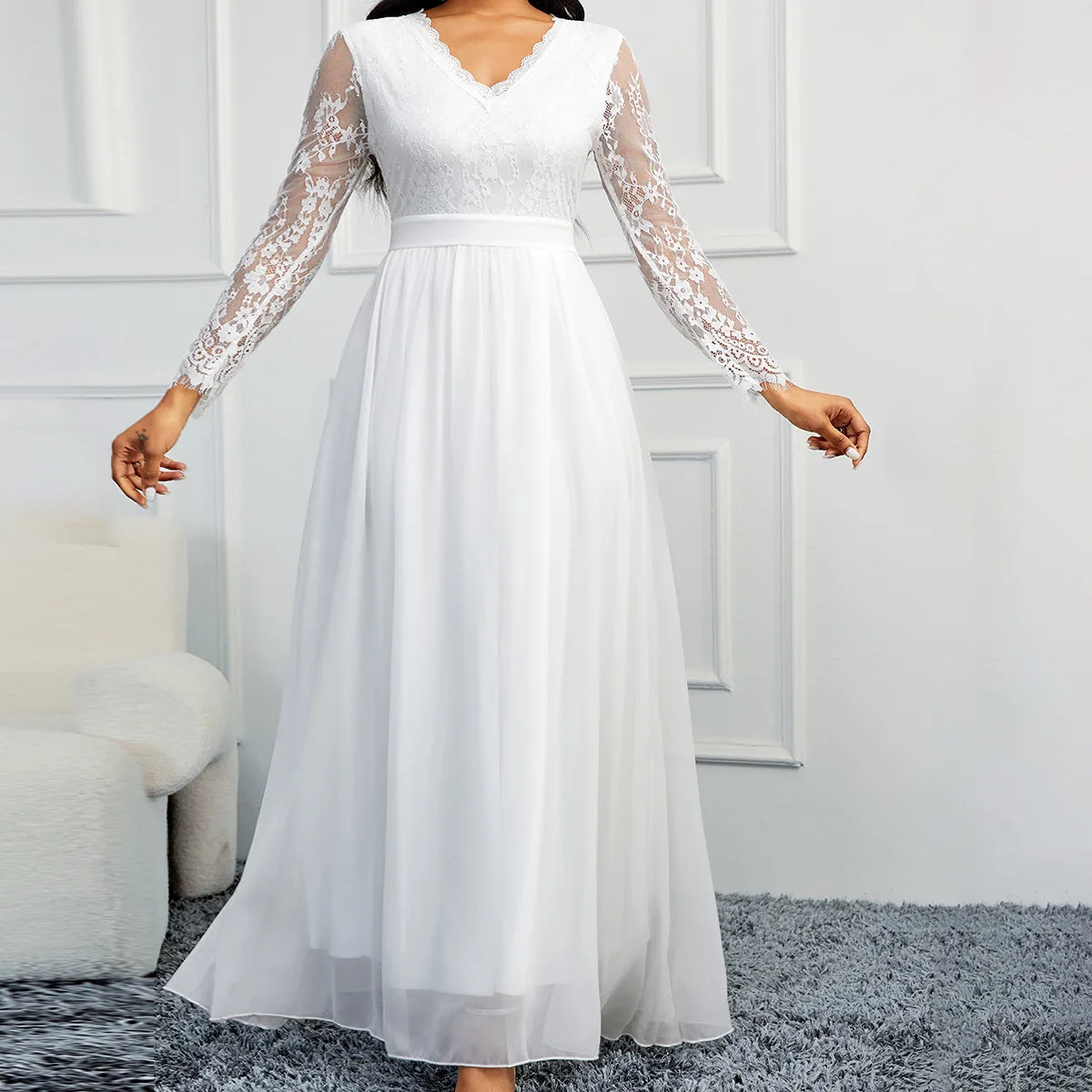 Robes de mariée élégantes col en V dos nu robe de soirée 2024 manches en tulle dentelle robe de soiréeE De Mariage robe de mariée blanche pour femmes