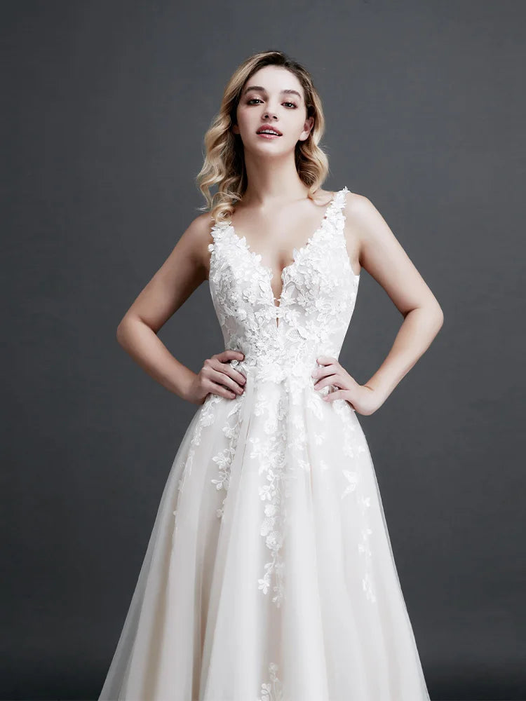 Robe de mariée élégante en dentelle A-Line pour femme, coupe ajustée, col en V, dos nu, robe de mariée, nouvelle collection 2024, robe de soirée avec appliques de fleurs 3D