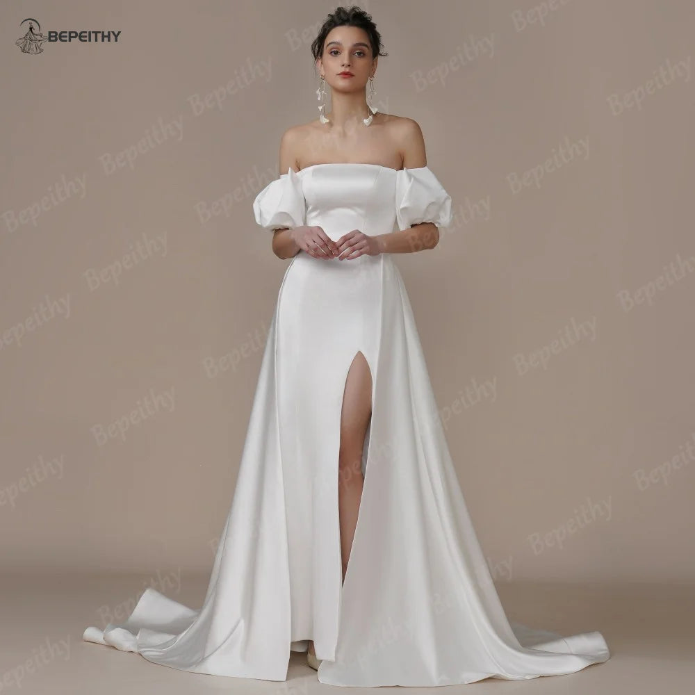 BEPEITHY Ivory Satin Off Shoulder Long Evening Wedding Dresses For Women Short Sleeves High Slit Sexy Bridal Prom Party Gown