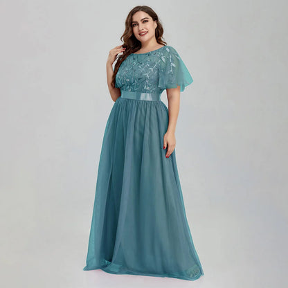 Robe de soirée grande taille en maille A-Line à paillettes brodées, robe de bal longue à feuilles avec manches pour robe de mariée 2022