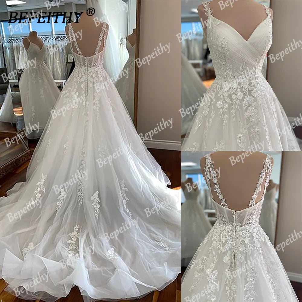 BEPEITHY Ivory V Neck Spaghetti Straps Wedding Dresses For Women 2023 Sleeveless Court Train Lace A Line Bride White Bridal Gown