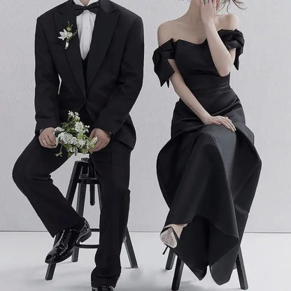 Sweet Bow Off The Shoulder Wedding Dresses New Satin Black Evening Dress Elegant Floor-length A Line Simple Sukienka Na Wesele