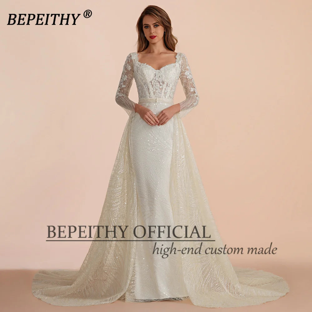 BEPEITHY Ivory Lace Long Evening Dress Formal Occassion With Full Sleeves For Women Square Court Train Party Gown 2023 Hot Sale