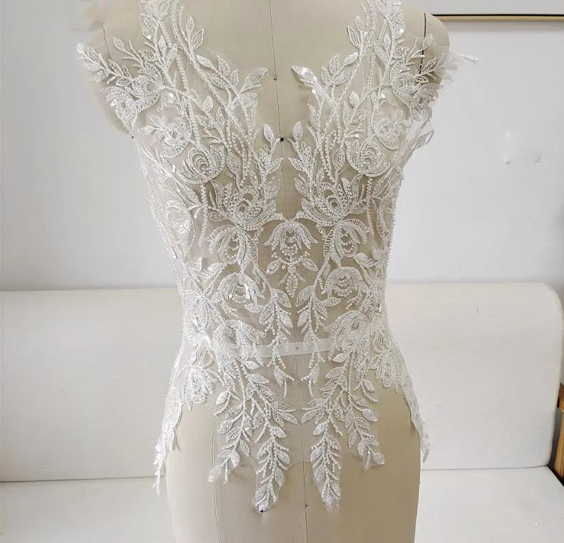 Apliques de encaje con lentejuelas y cuentas de 65*48 cm para vestido de novia, flores en 3D, tocado de novia, cuello de encaje, parche de tela de encaje RS4187