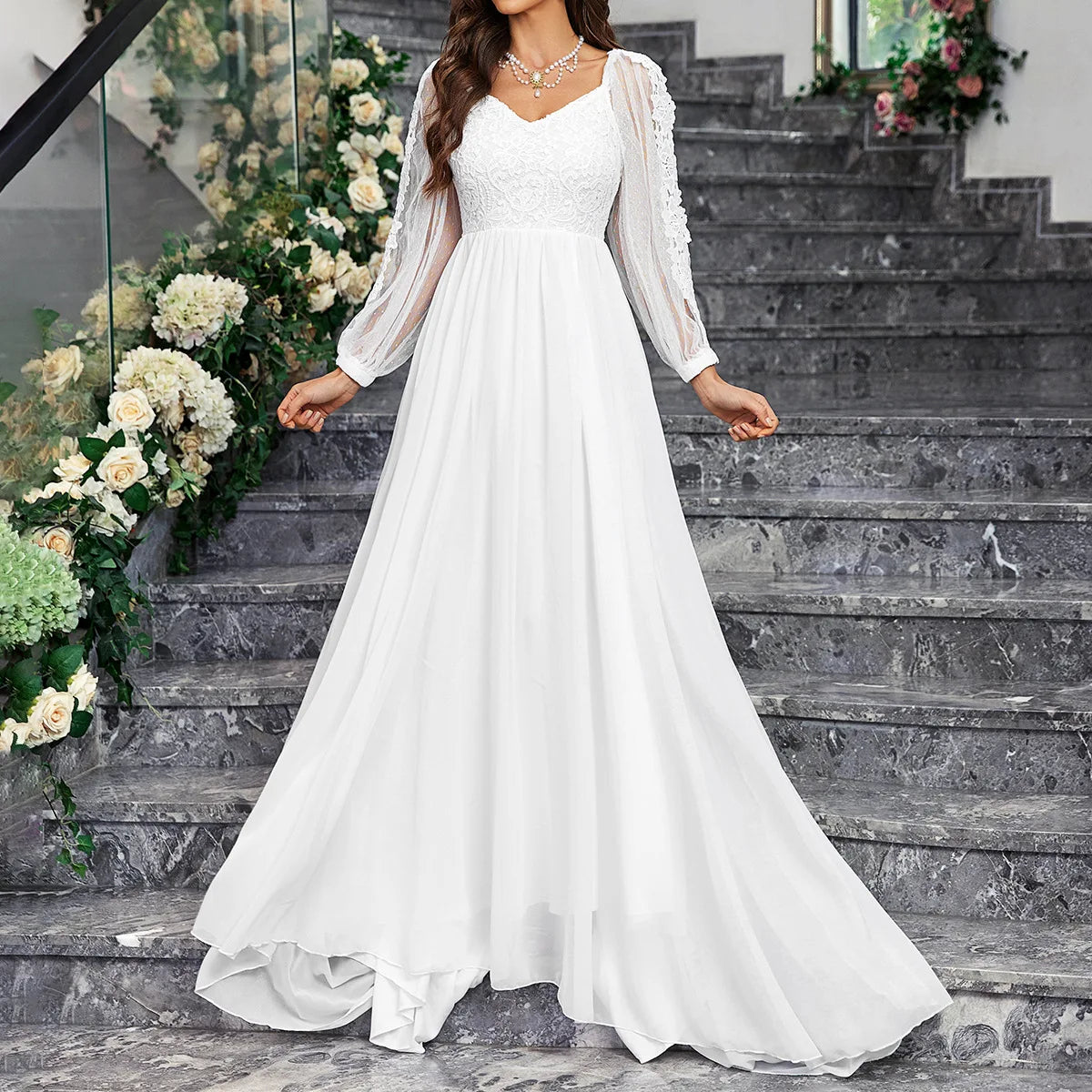 Women'S Wedding Dresses Boho Long Sleeves Romantic White V-Neck Long Sleeve Lace Tulle Dress Pleats Backless Beach Bridal Gowns