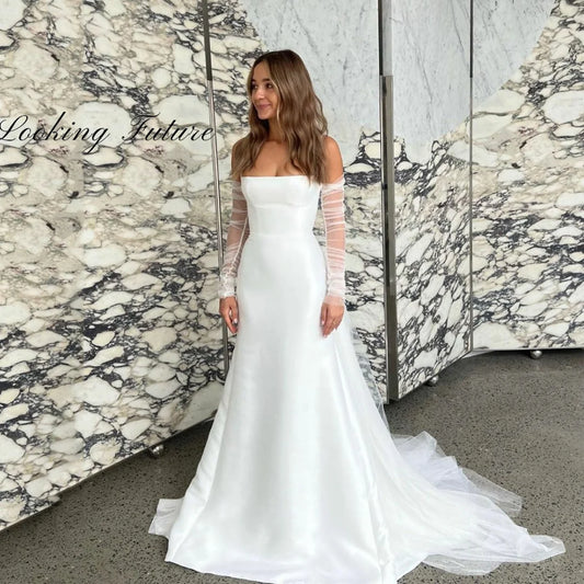 Robe de mariée simple en satin doux, ligne A, col bateau, manches longues détachables, robe de mariée plissée pour femme, sur mesure 2024