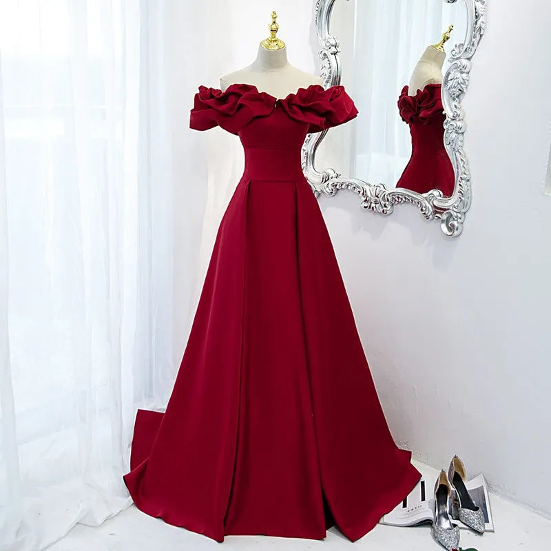 New Evening Dress Elegant Boat Neck Lace Up Floor-Length Off The Shoulder A-Line Burgundy Satin Party Formal Dresses Woman B1540