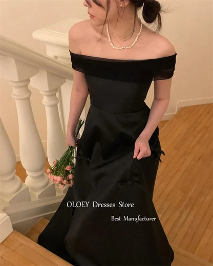 Giyu Simple Black A Line Korea Wedding Photoshoot Dresses Strapless Bowknot Ankle Length Bridal Gowns Formal Party Dress