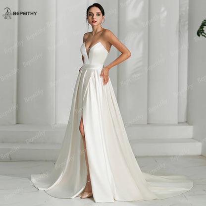 BEPEITHY Ivory Satin A Line Wedding Dresses For Women 2024 Sweetheart Sexy High Slit Sweep Train White Bride Boho Bridal Gown