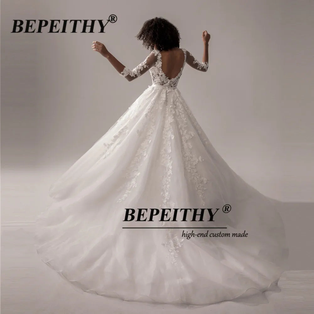 BEPEITHY Three Quarter Sleeves Lace Wedding Dresseas For Women Sexy Backless Wedding Bouguet A-Line Bridal Gowns With Belt New