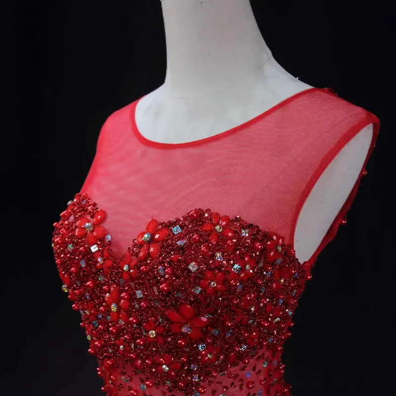 Vestidos de noche rojos brillantes con diamantes de imitación y cuello redondo, estilo sirena, para graduación, celebridades, fiestas, para mujer