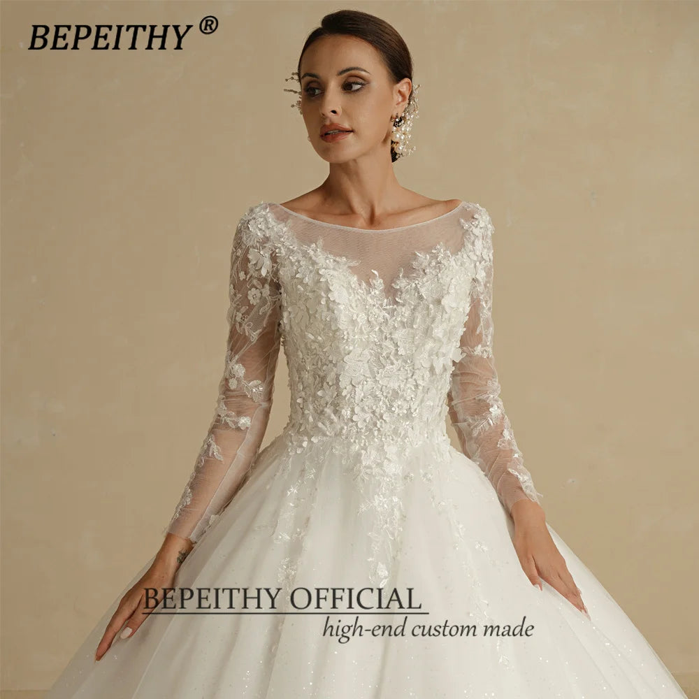 BEPEITHY Scoop Ivory Lace Flower Wedding Dresses For 2023 Bride Princess Full Sleeves White Glitter Bridal Ball Gown Open Back