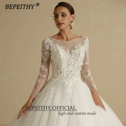 BEPEITHY Scoop Ivory Lace Flower Wedding Dresses For 2023 Bride Princess Full Sleeves White Glitter Bridal Ball Gown Open Back