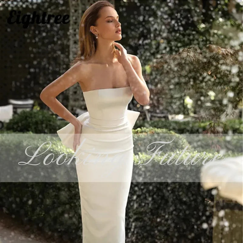 Vestido de novia sencillo blanco sin tirantes con abertura y lazo en la espalda con cremallera Vestido de novia elegante hasta la rodilla 2024