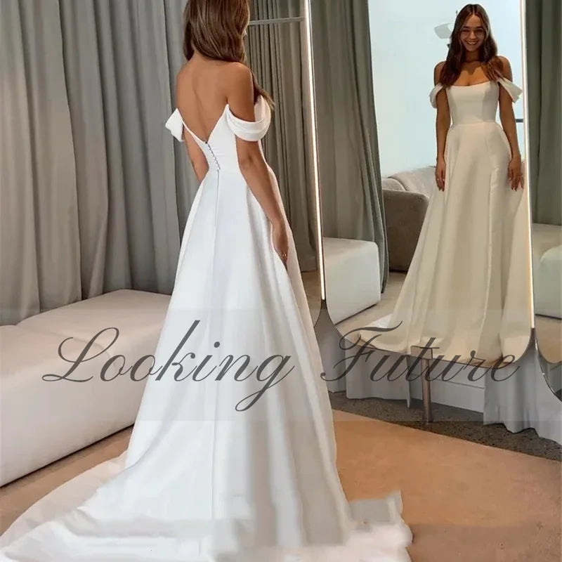 Robe de mariée sirène en satin élégante pour femme 2024, sans bretelles, épaules dénudées, fente latérale, robe de mariée, bouton, robes de mariée