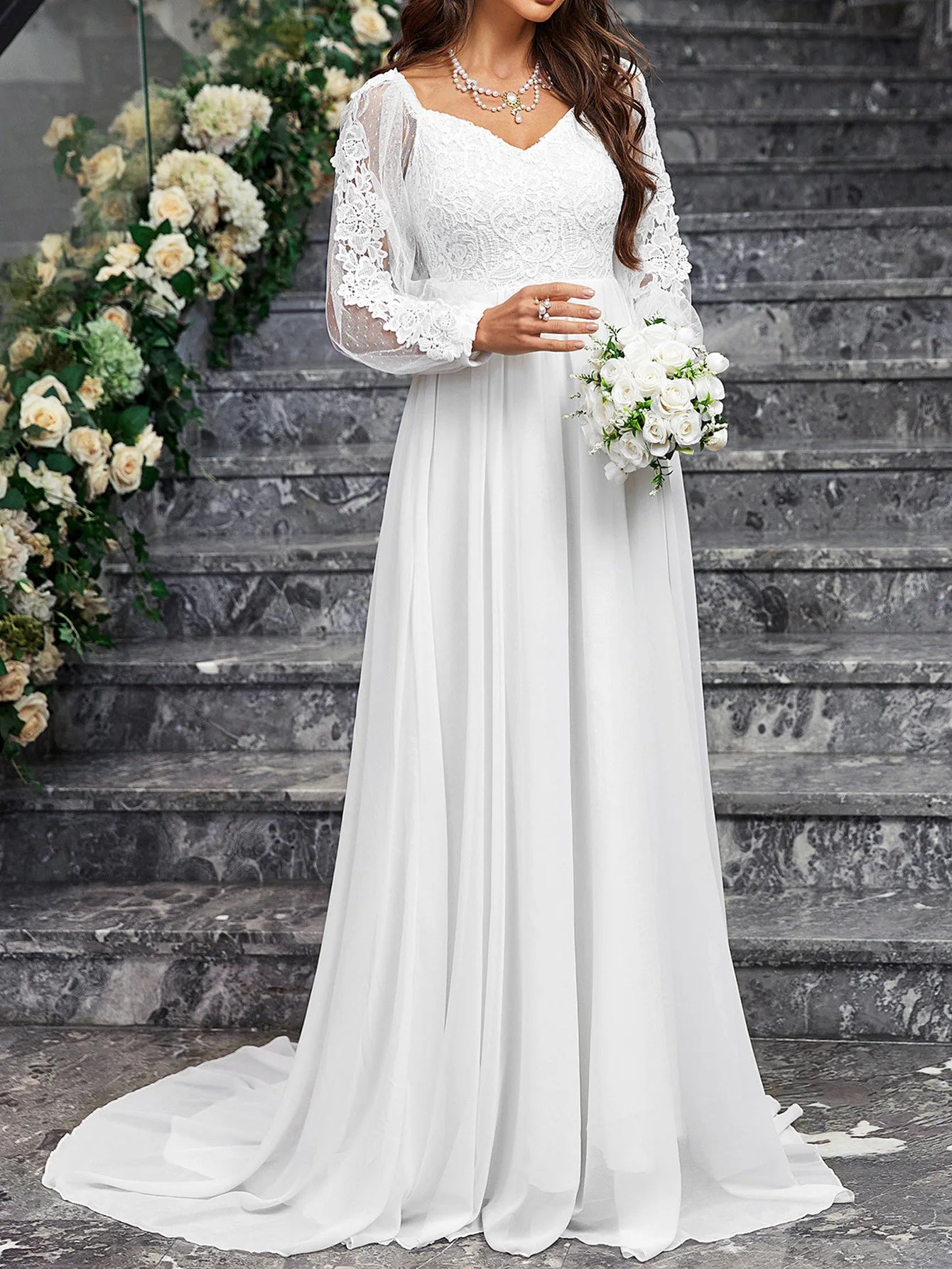 Women'S Wedding Dresses Boho Long Sleeves Romantic White V-Neck Long Sleeve Lace Tulle Dress Pleats Backless Beach Bridal Gowns