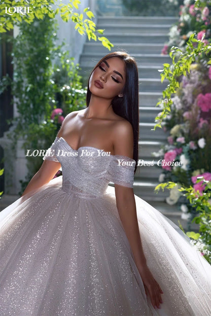 LORIE Glitter Tulle Wedding Dresses Off Shoulder Shiny Puffy Pleated Prom Bridal Gowns Sparkly Ball Pageant 2024 Bride Dress