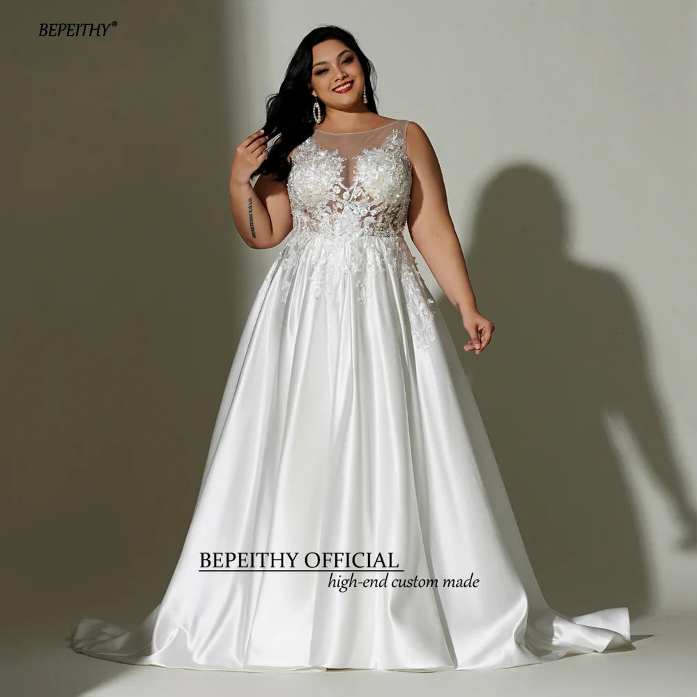 BEPEITHY A Line Ivory Plus Size Satin Wedding Dresses For Women O Neck Sleeveless Sweep Train Sheer Sexy Curve Bridal Gowns