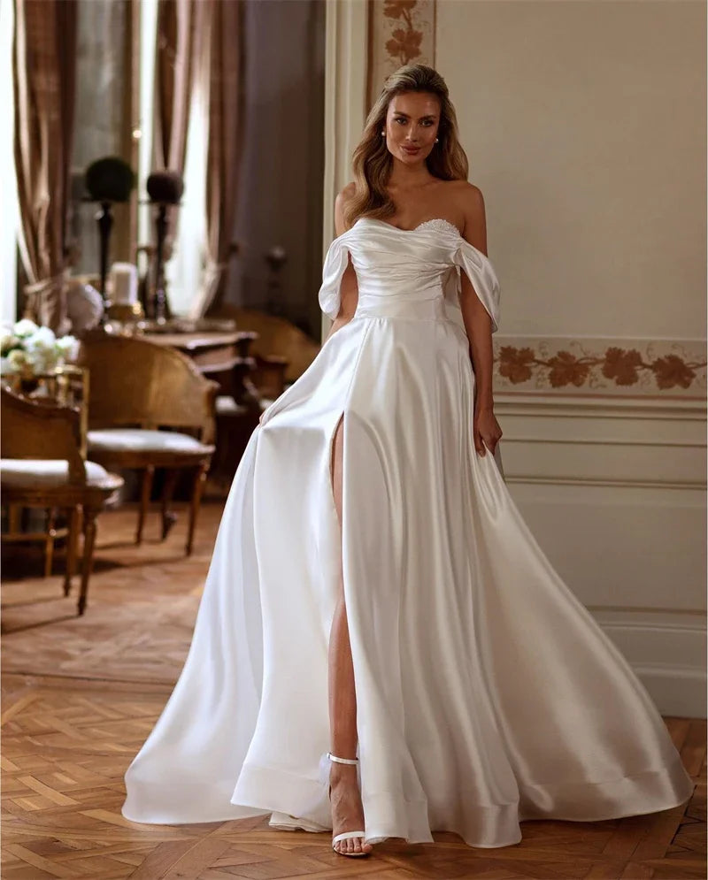 Vestido de novia con abertura en forma de A, manga corta, talla grande, hombros descubiertos para mujer, vestido de novia princesa Robe de Mariee con cordones