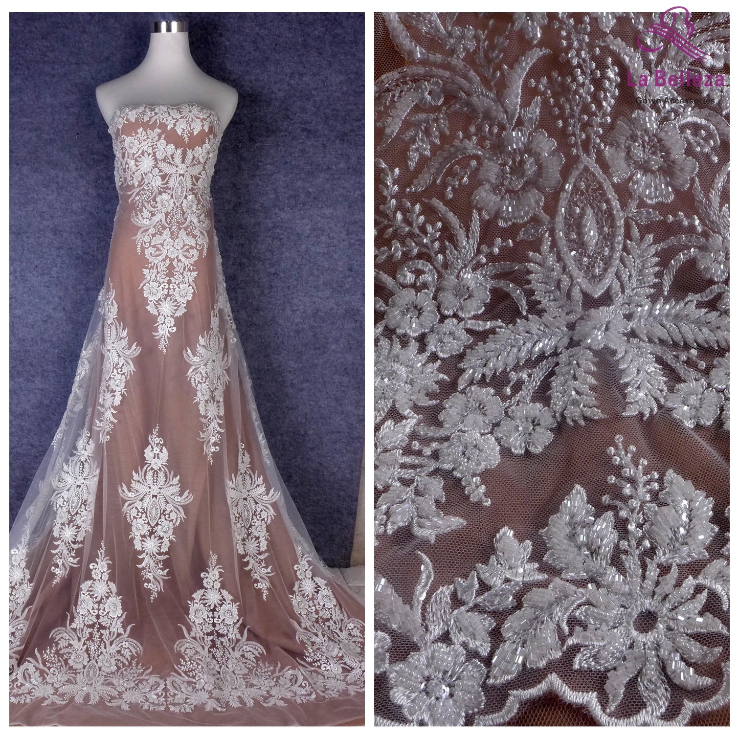 La Belleza 2021 Nouvelle mode de mariée, tissu en dentelle blanc pur / ivoire, tissu en dentelle de robe de mariée à perles blanc cassé 47 '' de largeur 1 yard