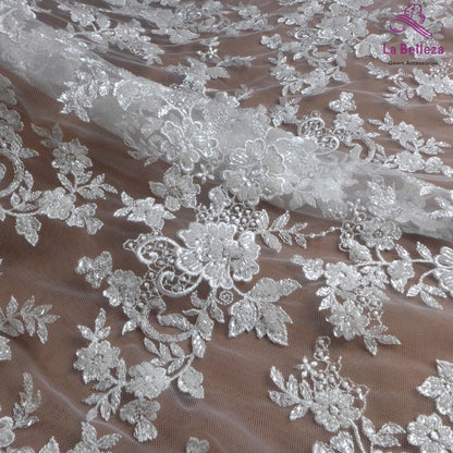 1 yard high quality white Heavy beaded sequin fabric floral pattern Lace fabric wedding dress cut