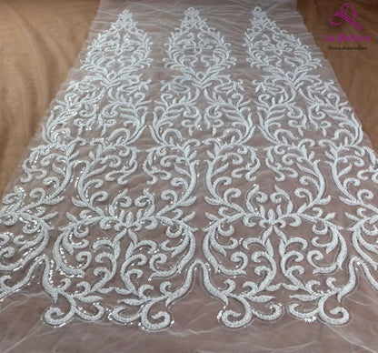 Dentelle de mariée tendance La Belleza 2021, tissu en dentelle à motifs longs, tissu en dentelle pour robe de mariée à perles ivoire 43'' de largeur 1 yard