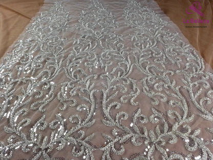 Dentelle de mariée tendance La Belleza 2021, tissu en dentelle à motifs longs, tissu en dentelle pour robe de mariée à perles ivoire 43'' de largeur 1 yard